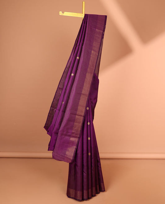Purple buttas kanchipuram silk saree with self temple border & striped zari pallu