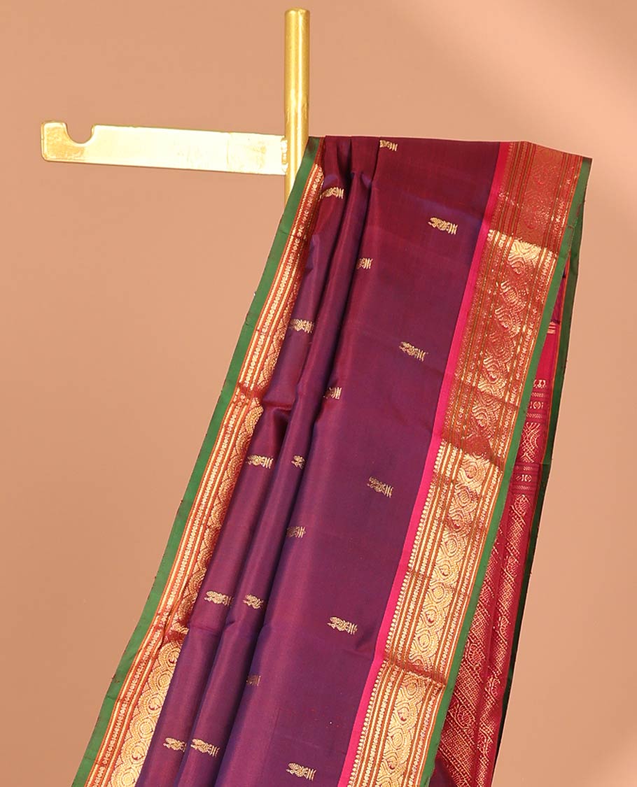 Maroon buttas kancheepuram silk saree with contrast border of sombu, banaras, paun designs & zari design pallu