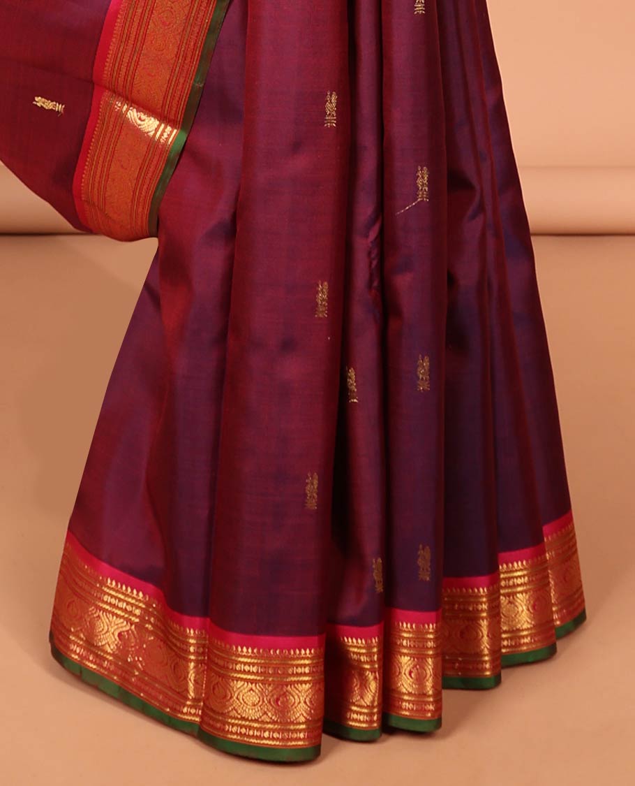 Maroon buttas kancheepuram silk saree with contrast border of sombu, banaras, paun designs & zari design pallu