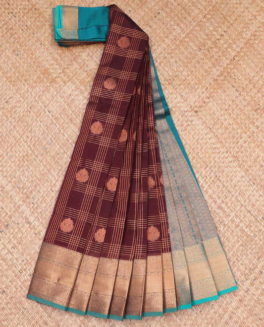 Maroon checked, floral kora cotton saree with contrast zari design border & intricate zari design pallu