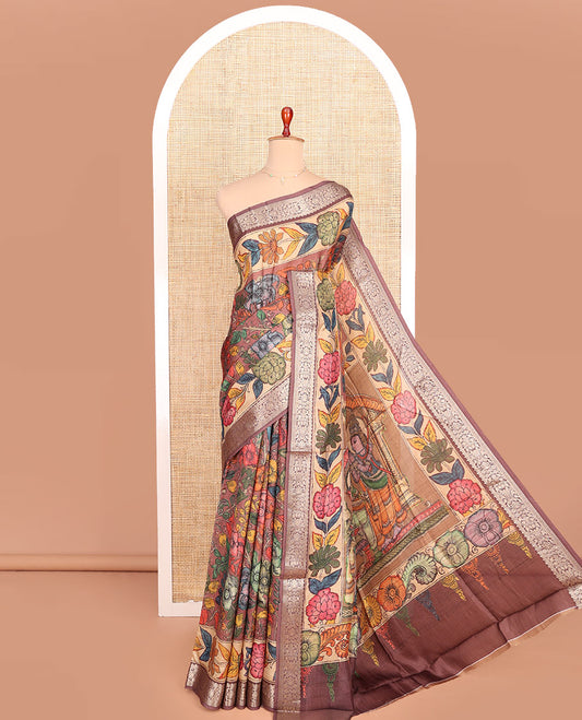 Brown Semi-Tussar Saree Accentuated with Kalamkari-Style Colorful Floral Design Print, Complemented by a Contrast Floral-Theme Zari and Print Work Border, Pallu of Ancient God and Goddess Motifs Print, and Paired with a Contrast Blouse
