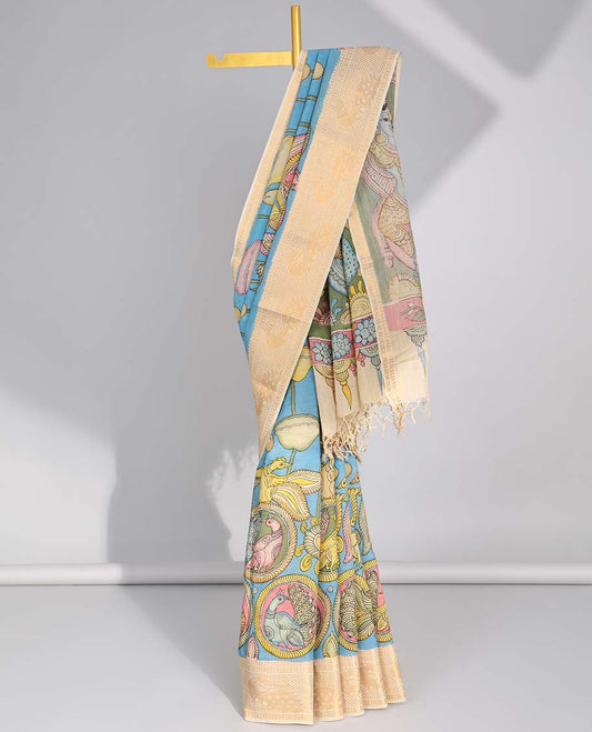 Blue floral,peacock design handpainted pen kalamkari silk saree with contrast zari border & pichwai style design pallu