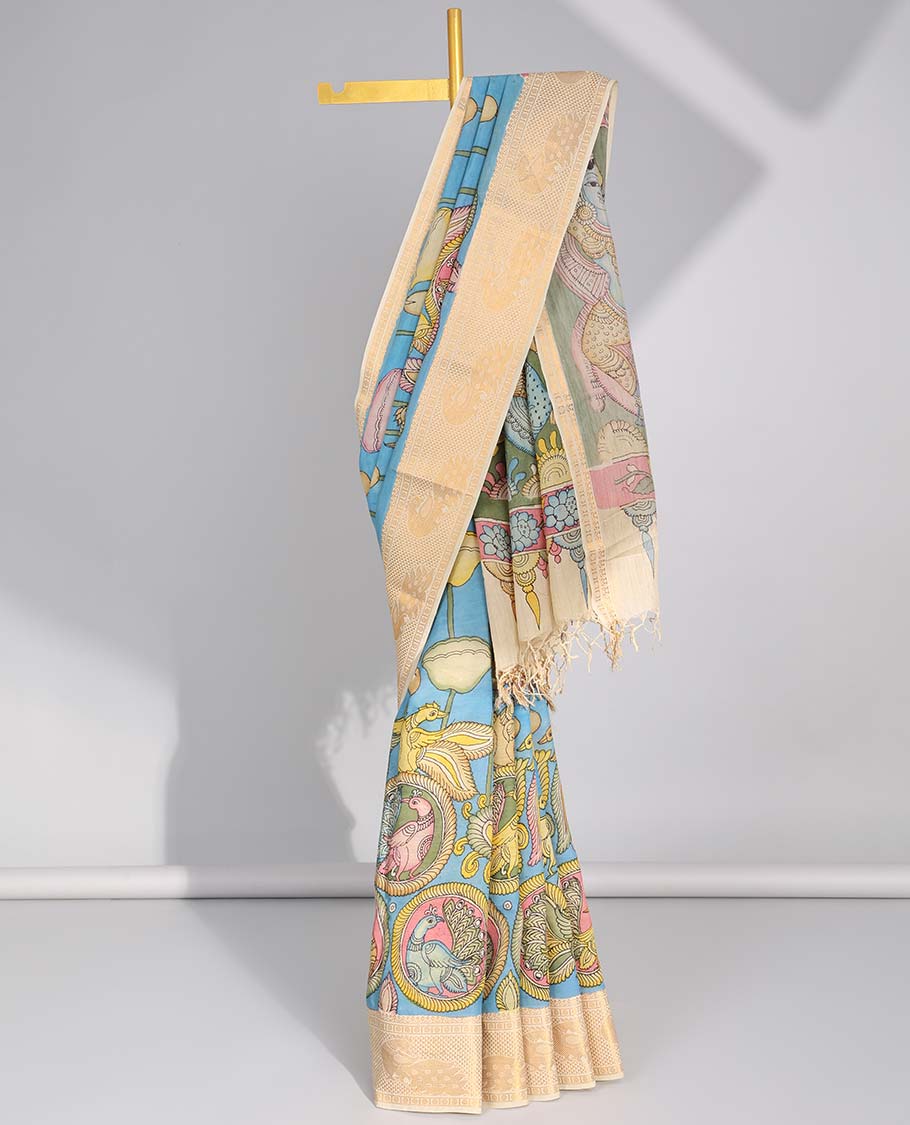Blue floral,peacock design handpainted pen kalamkari silk saree with contrast zari border & pichwai style design pallu