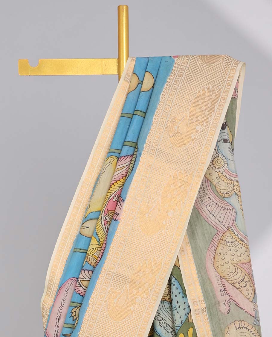 Blue floral,peacock design handpainted pen kalamkari silk saree with contrast zari border & pichwai style design pallu