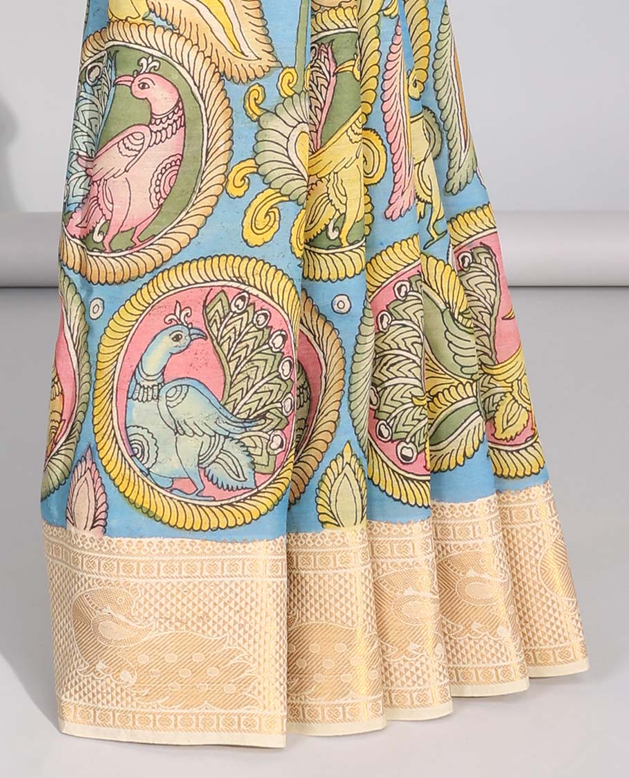 Blue floral,peacock design handpainted pen kalamkari silk saree with contrast zari border & pichwai style design pallu