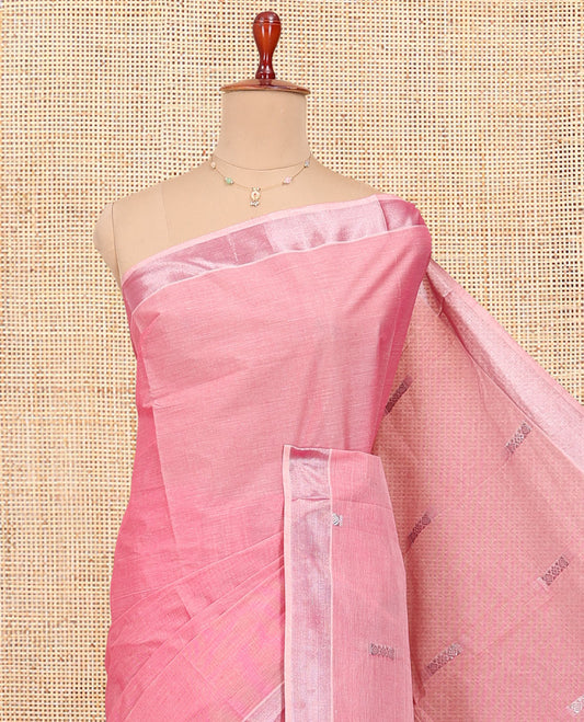 Pink Kerala Cotton Saree, Enthralled with Buttas All Over Its Body, a Zari Bavanji Border, Pallu of Leaf  Designs, and Paired with a Matching Blouse