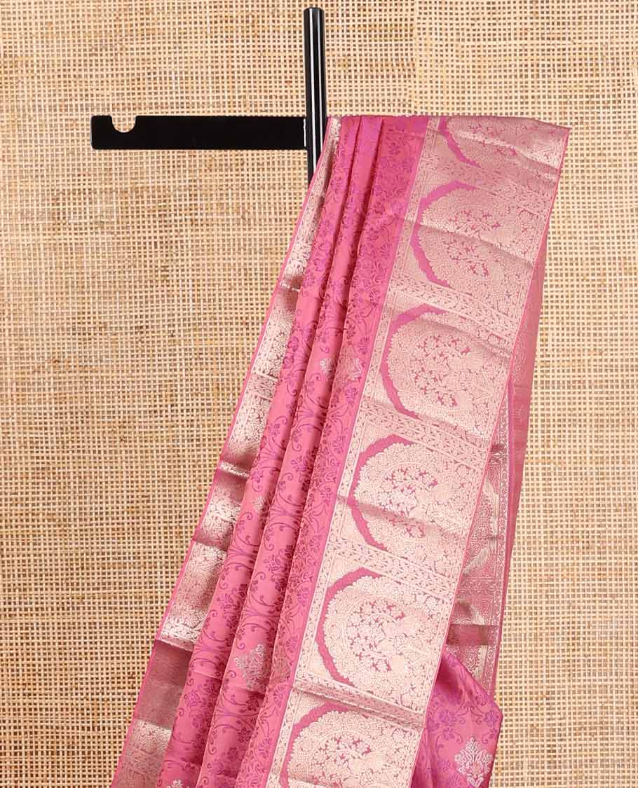 Pink floral jacquard kancheepuram silk saree with self floral intricate border &striped, floral design pallu