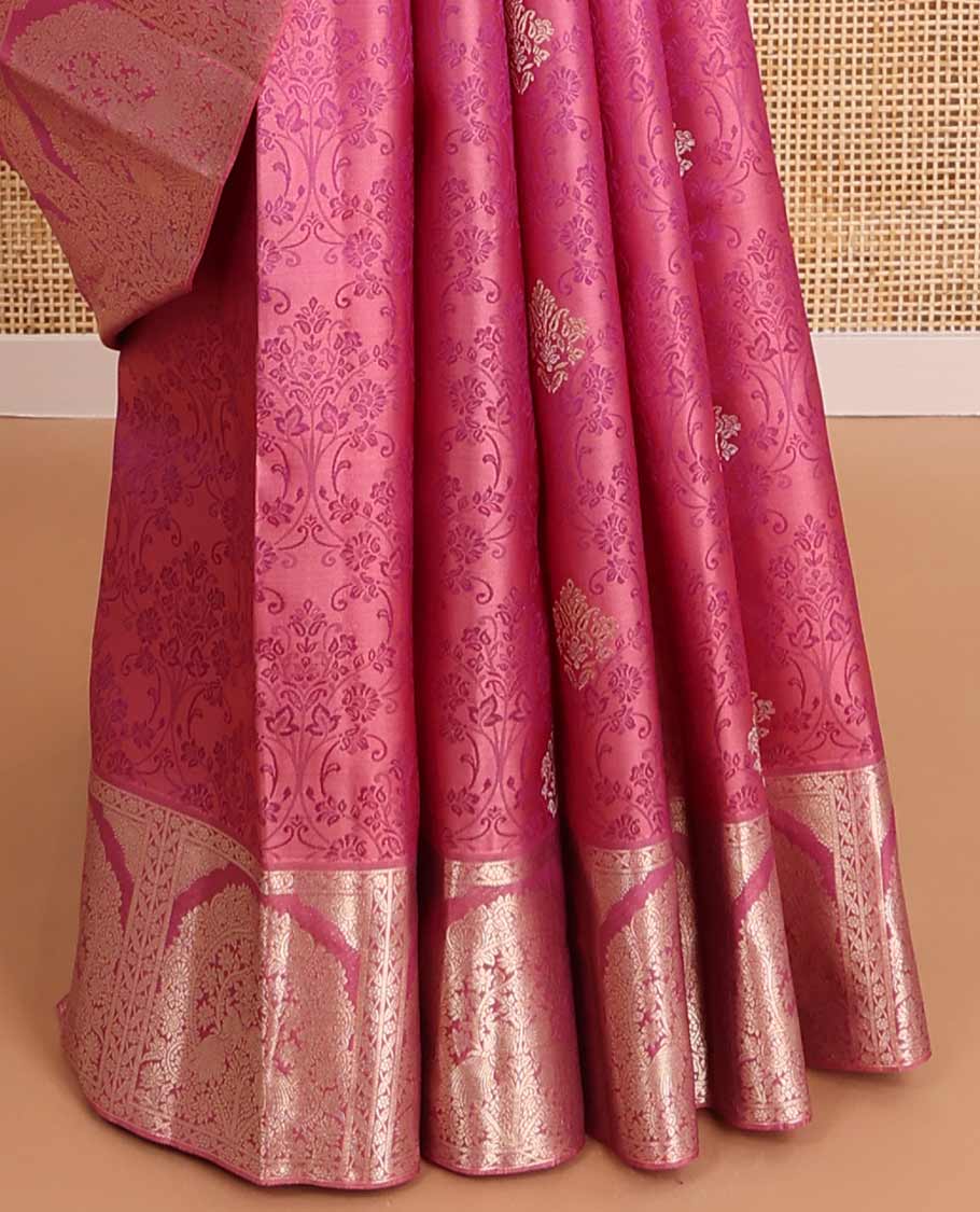 Pink floral jacquard kancheepuram silk saree with self floral intricate border &striped, floral design pallu