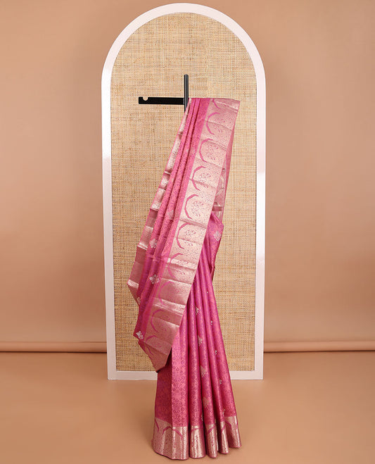 Pink floral jacquard kancheepuram silk saree with self floral intricate border &striped, floral design pallu