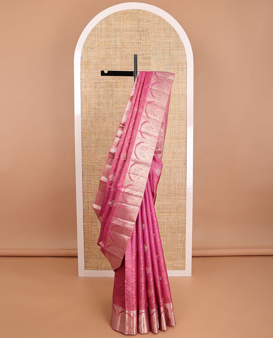 Pink floral jacquard kancheepuram silk saree with self floral intricate border &striped, floral design pallu