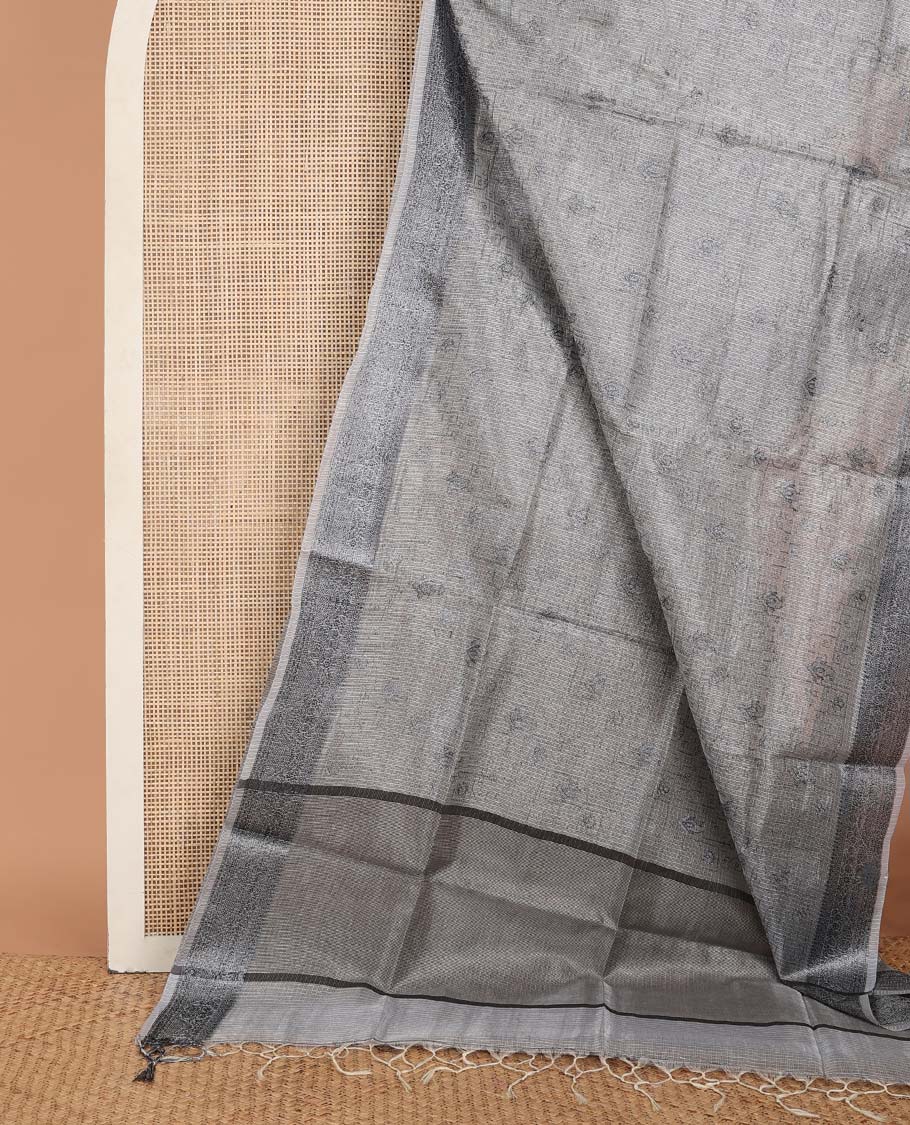 Grey floral vine fancy kota saree, traditional design border & striped pallu