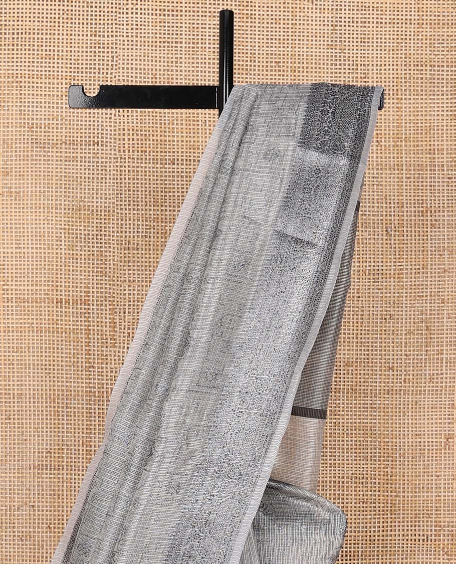 Grey floral vine fancy kota saree, traditional design border & striped pallu