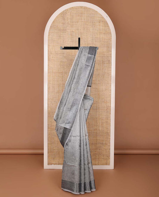 Grey floral vine fancy kota saree, traditional design border & striped pallu