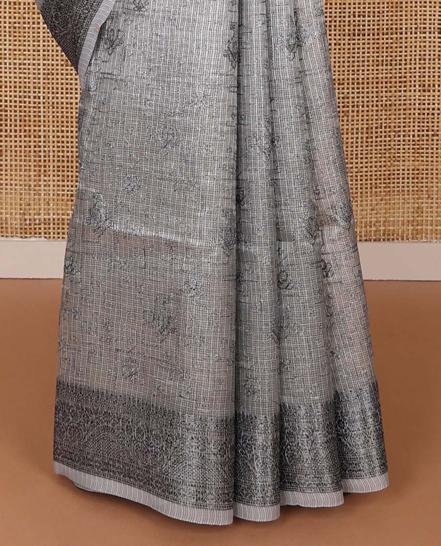 Grey floral vine fancy kota saree, traditional design border & striped pallu