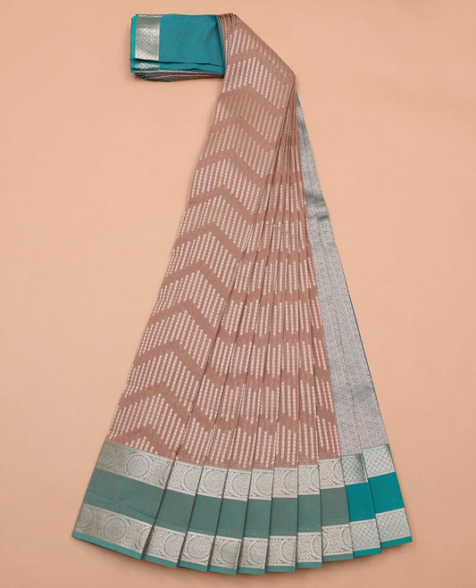 Brown chevron kora cotton saree with contrast zari design border & jaal design pallu
