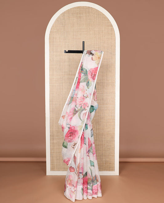 Cream checked floral print kota cotton saree with self plain border