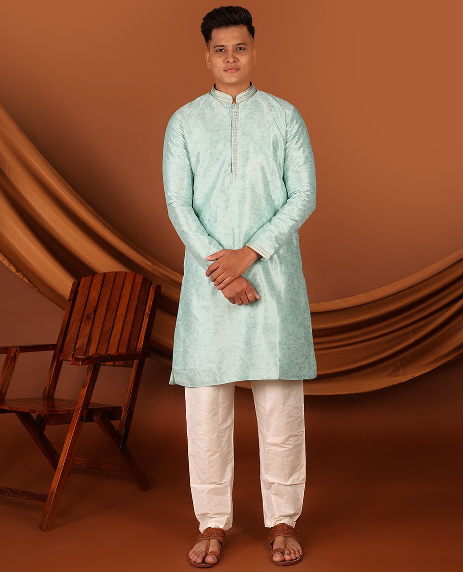 Green Floral Motifs Sparsely Print with Neck Embroidery Full-Sleeved Men's Kurta, Comes with Pants