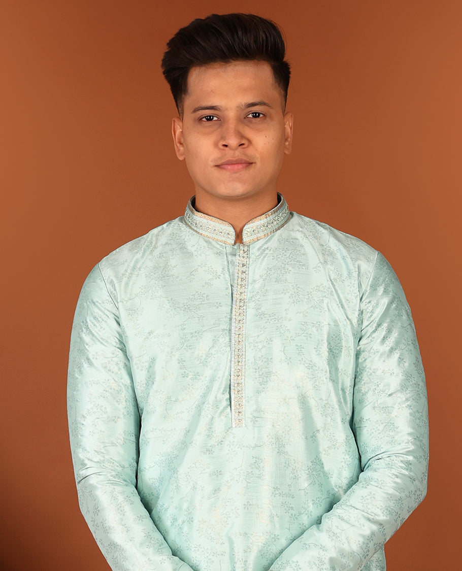 Green Floral Motifs Sparsely Print with Neck Embroidery Full-Sleeved Men's Kurta, Comes with Pants