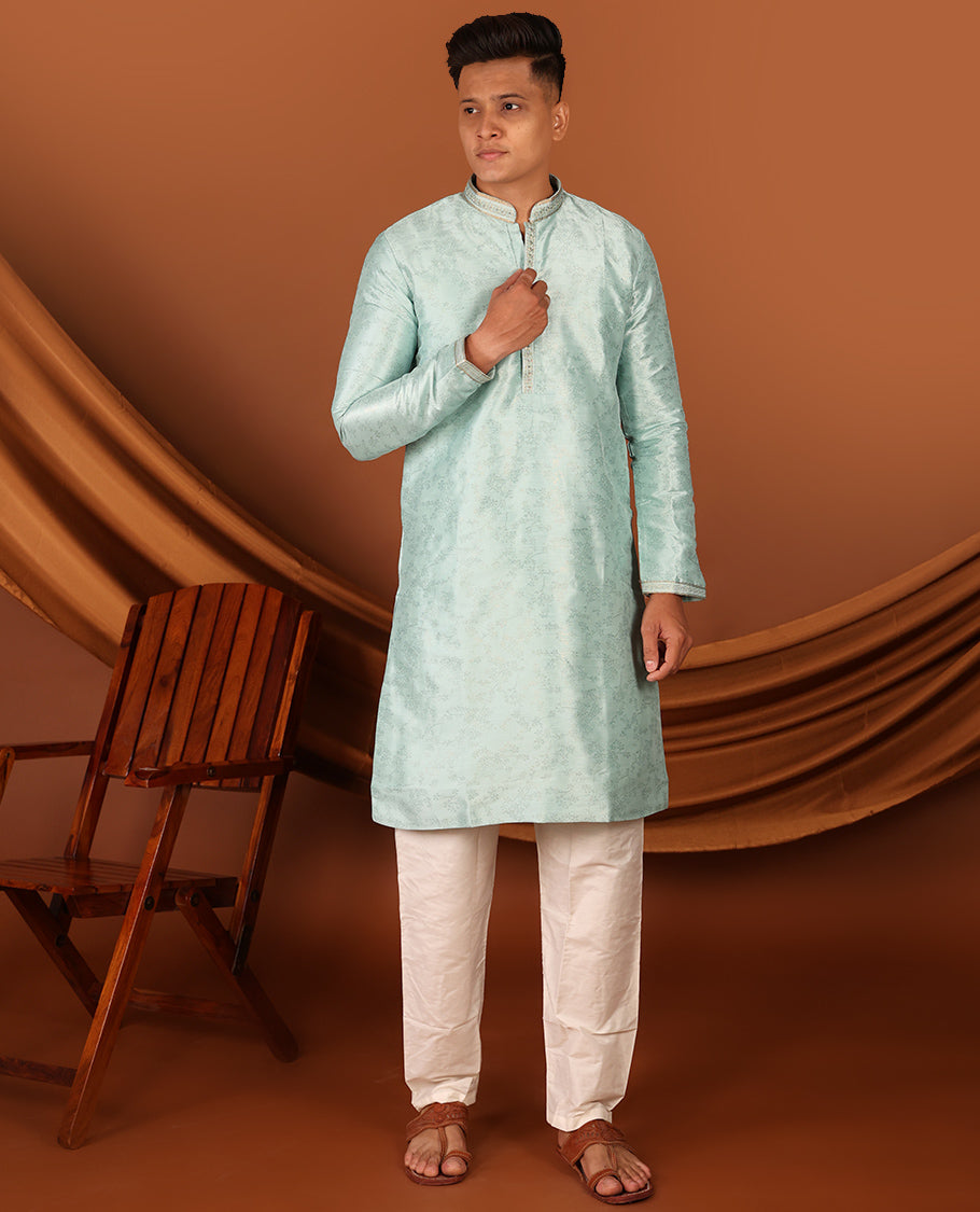 Green Floral Motifs Sparsely Print with Neck Embroidery Full-Sleeved Men's Kurta, Comes with Pants
