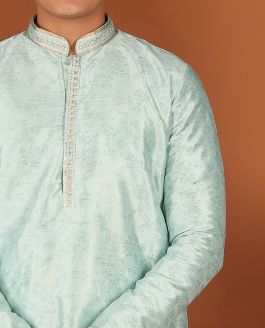 Green Floral Motifs Sparsely Print with Neck Embroidery Full-Sleeved Men's Kurta, Comes with Pants
