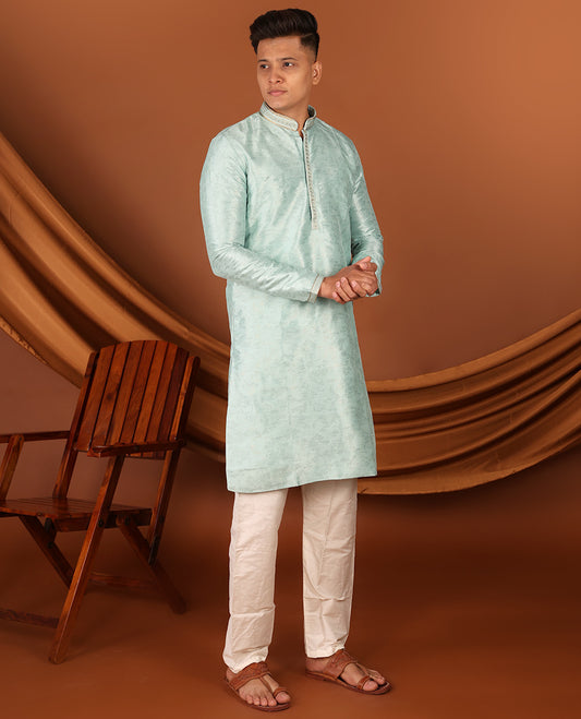 Green Floral Motifs Sparsely Print with Neck Embroidery Full-Sleeved Men's Kurta, Comes with Pants