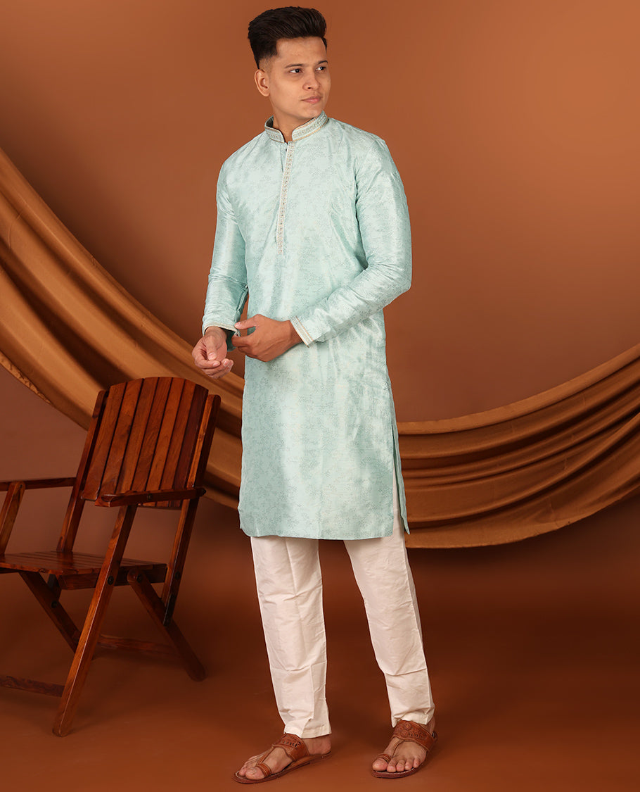 Green Floral Motifs Sparsely Print with Neck Embroidery Full-Sleeved Men's Kurta, Comes with Pants