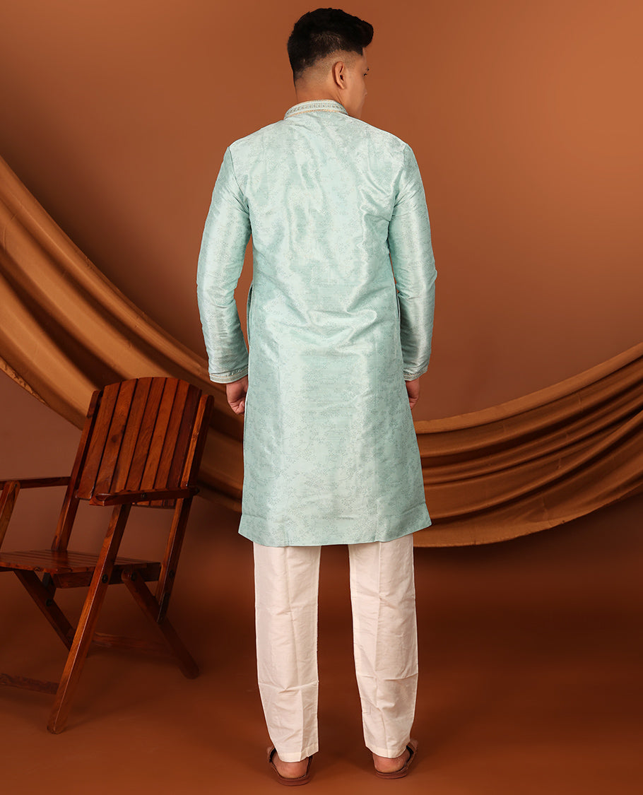 Green Floral Motifs Sparsely Print with Neck Embroidery Full-Sleeved Men's Kurta, Comes with Pants