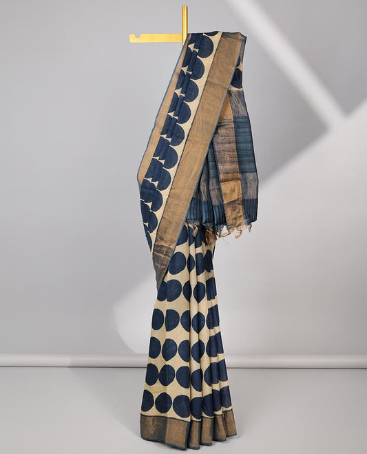 Cream geometric design linen cotton saree with contrast border & striped pallu