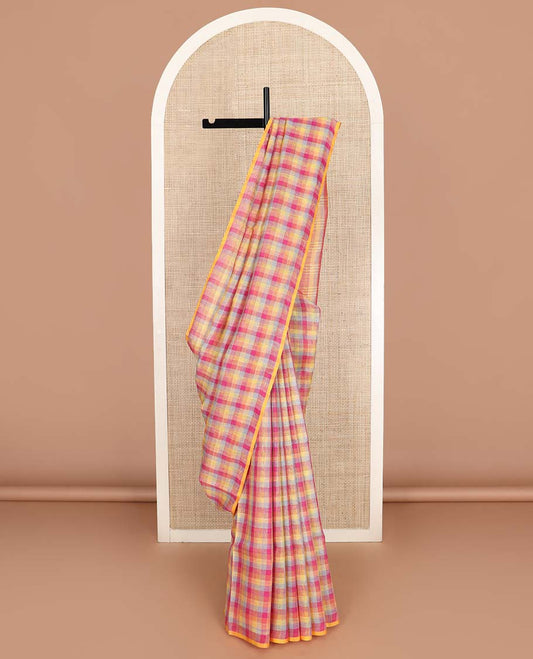 Borderless Multi Color checked design linen cotton saree, self-striped pallu