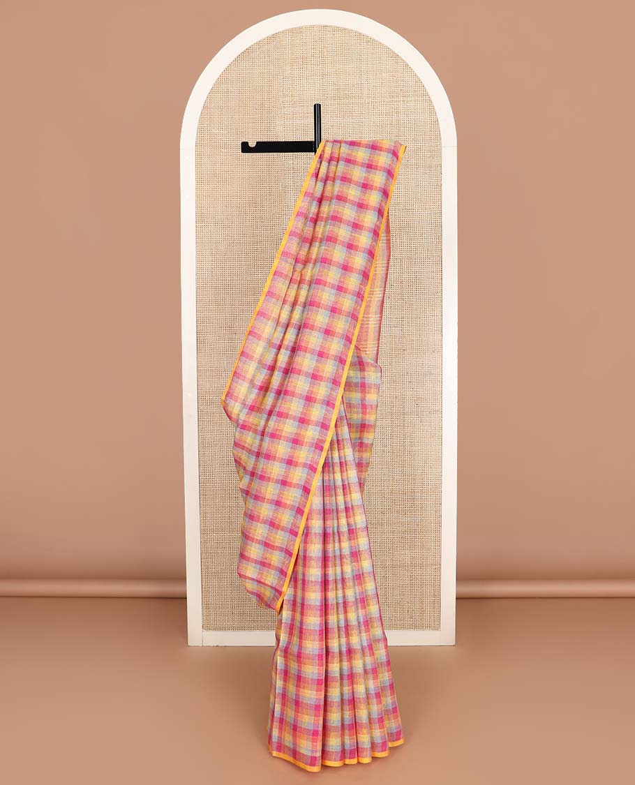 Borderless Multi Color checked design linen cotton saree, self-striped pallu