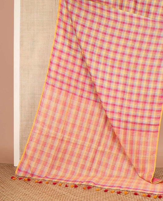 Borderless Multi Color checked design linen cotton saree, self-striped pallu
