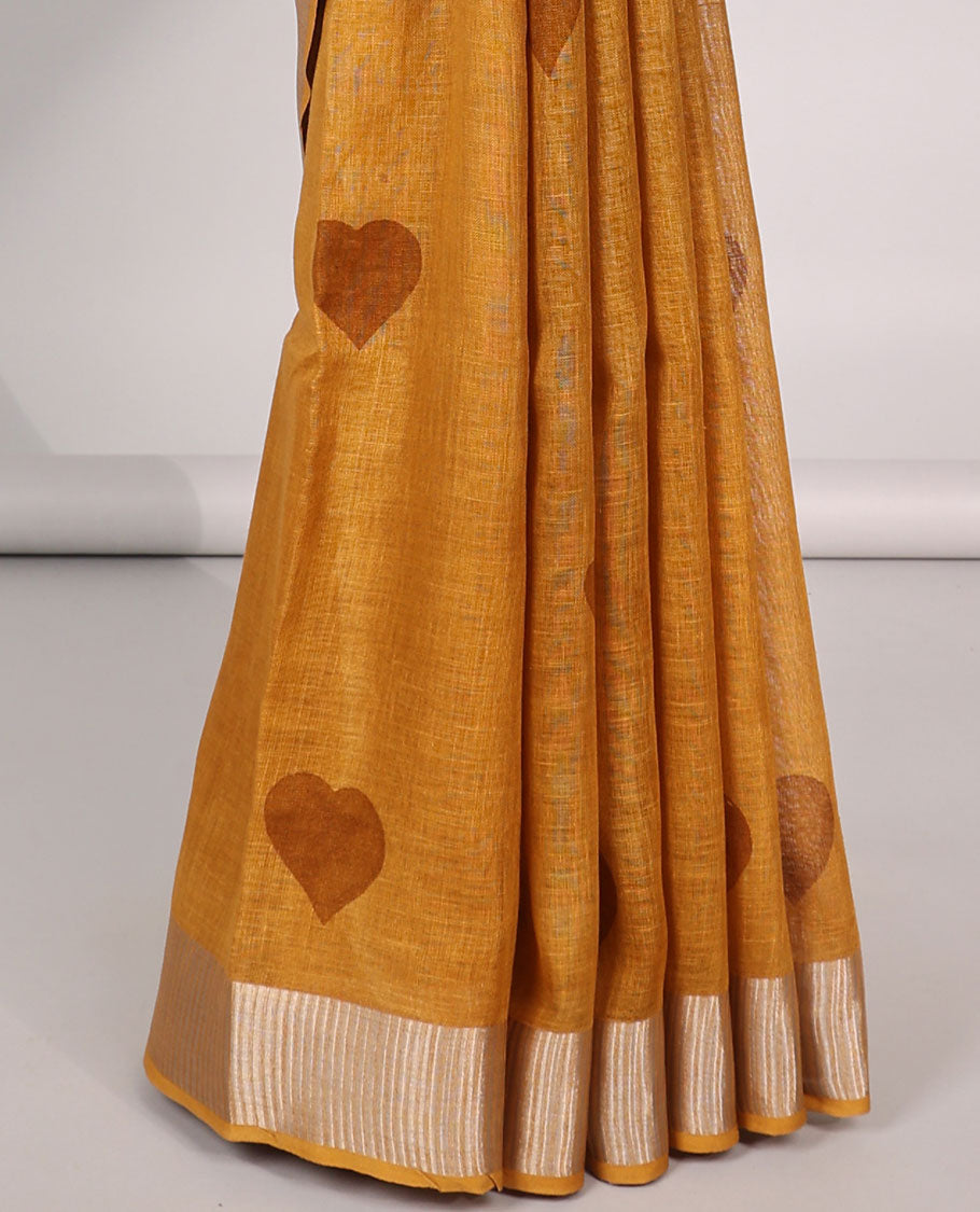 Mustard heart motifs linen saree with self zari border & striped zari pallu