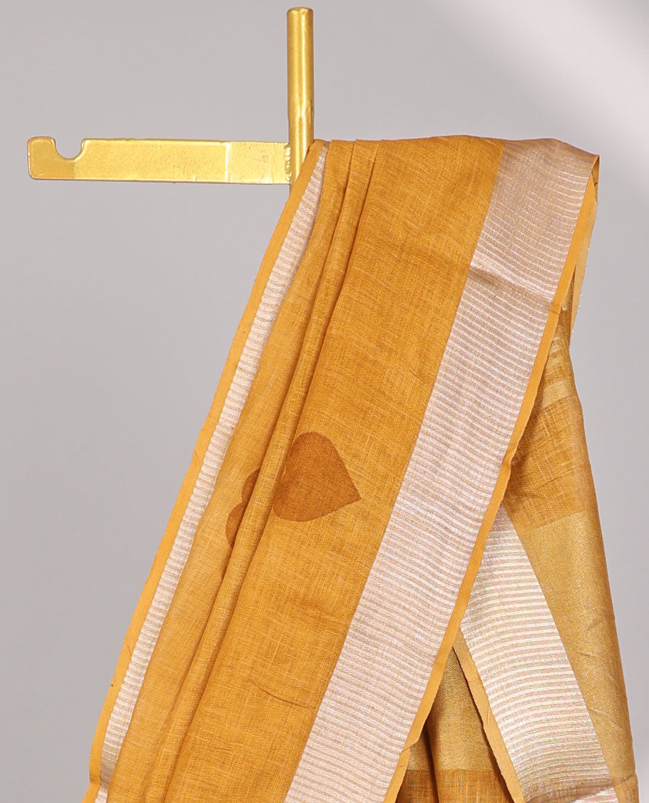 Mustard heart motifs linen saree with self zari border & striped zari pallu