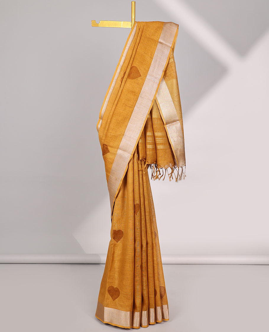 Mustard heart motifs linen saree with self zari border & striped zari pallu