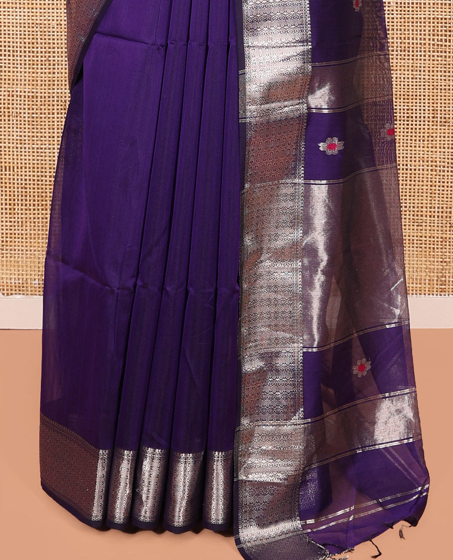 Violet Maheshwari Cotton Saree, Accentuated with Meena Flower Zari Buttas All Over Its Body, Highlighted by Zari Traditional Border, Gleaming Zari Striped Pallu and Paired with a Matching Blouse