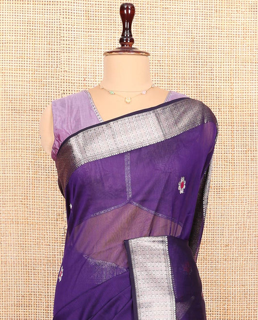 Violet Maheshwari Cotton Saree, Accentuated with Meena Flower Zari Buttas All Over Its Body, Highlighted by Zari Traditional Border, Gleaming Zari Striped Pallu and Paired with a Matching Blouse