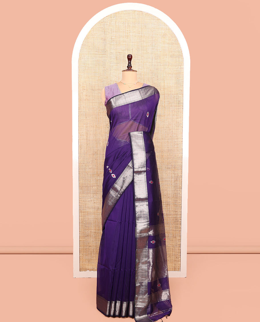 Violet Maheshwari Cotton Saree, Accentuated with Meena Flower Zari Buttas All Over Its Body, Highlighted by Zari Traditional Border, Gleaming Zari Striped Pallu and Paired with a Matching Blouse