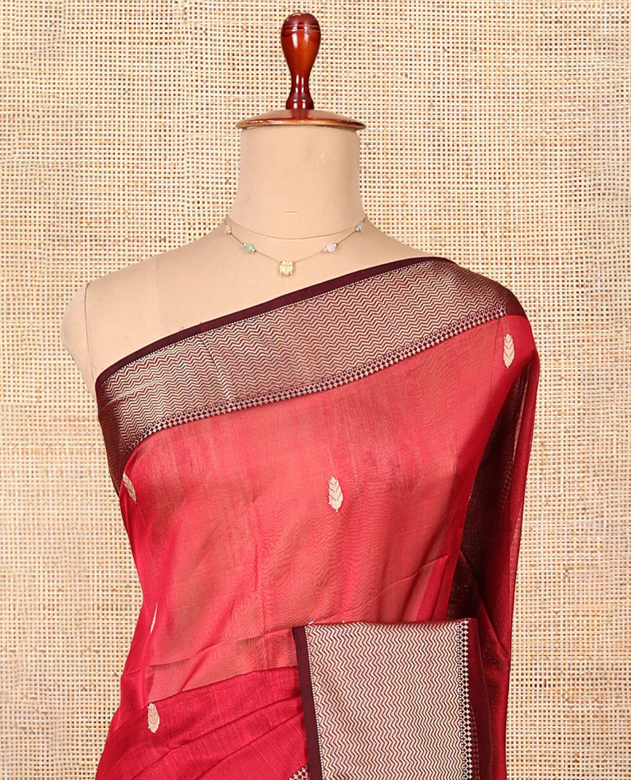 Red Maheshwari Cotton Saree, Finely Crafted with Buttas, Complemented by a Contrast Chevron Striped Zari Border, Zari Buttas Pallu, and a Contrast Blouse