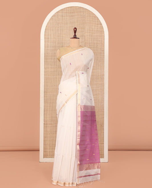 Cream Maheshwari Cotton Saree, Beautified with Thread Buttas All Over Its Body, Highlighted by Zari Piping Chevron Design Border, Captivating Contrast Pallu of Buttas, and Paired with a Contrast Blouse