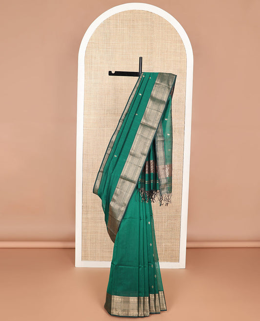 Dark green motifs maheshwari cotton saree with self zari design border & striped, geometric design pallu
