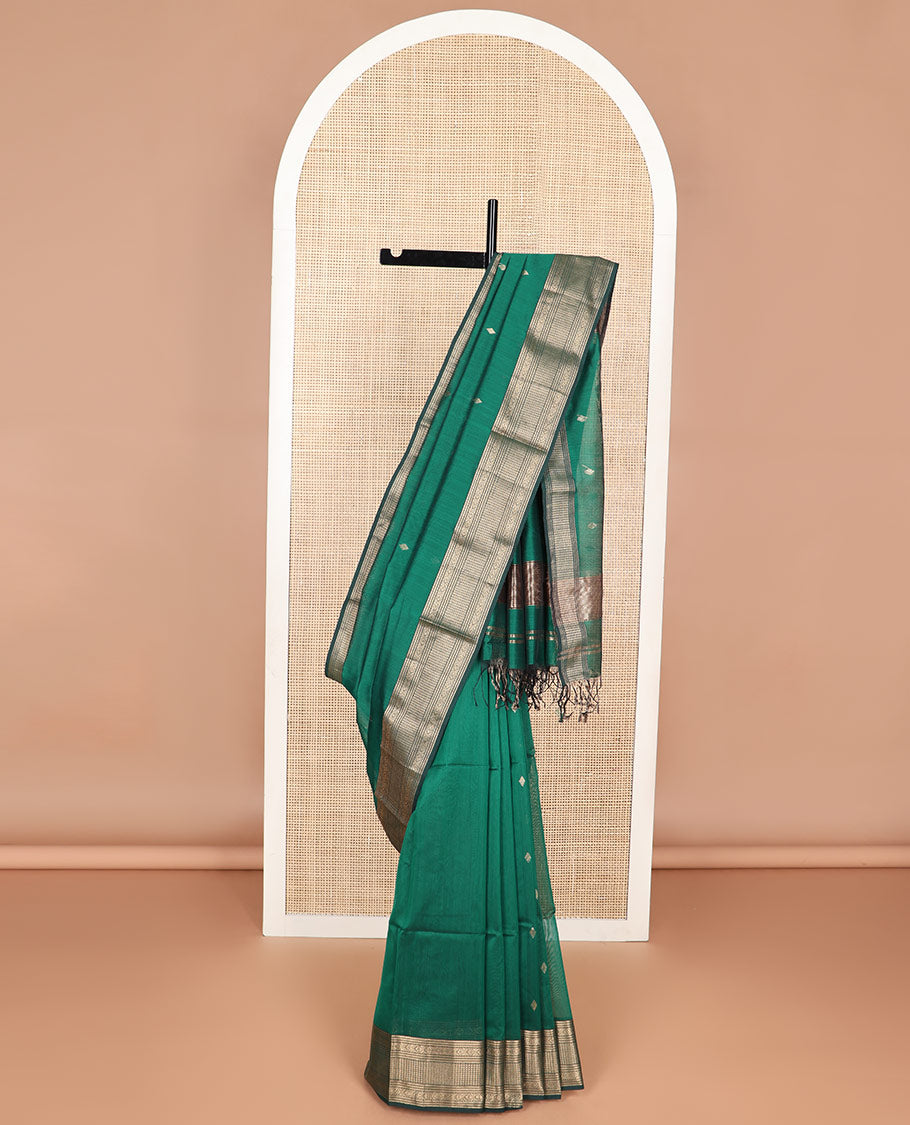 Dark green motifs maheshwari cotton saree with self zari design border & striped, geometric design pallu