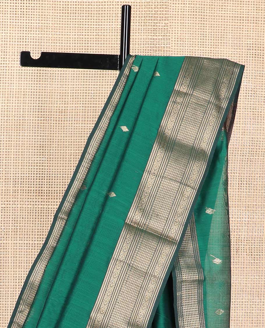 Dark green motifs maheshwari cotton saree with self zari design border & striped, geometric design pallu