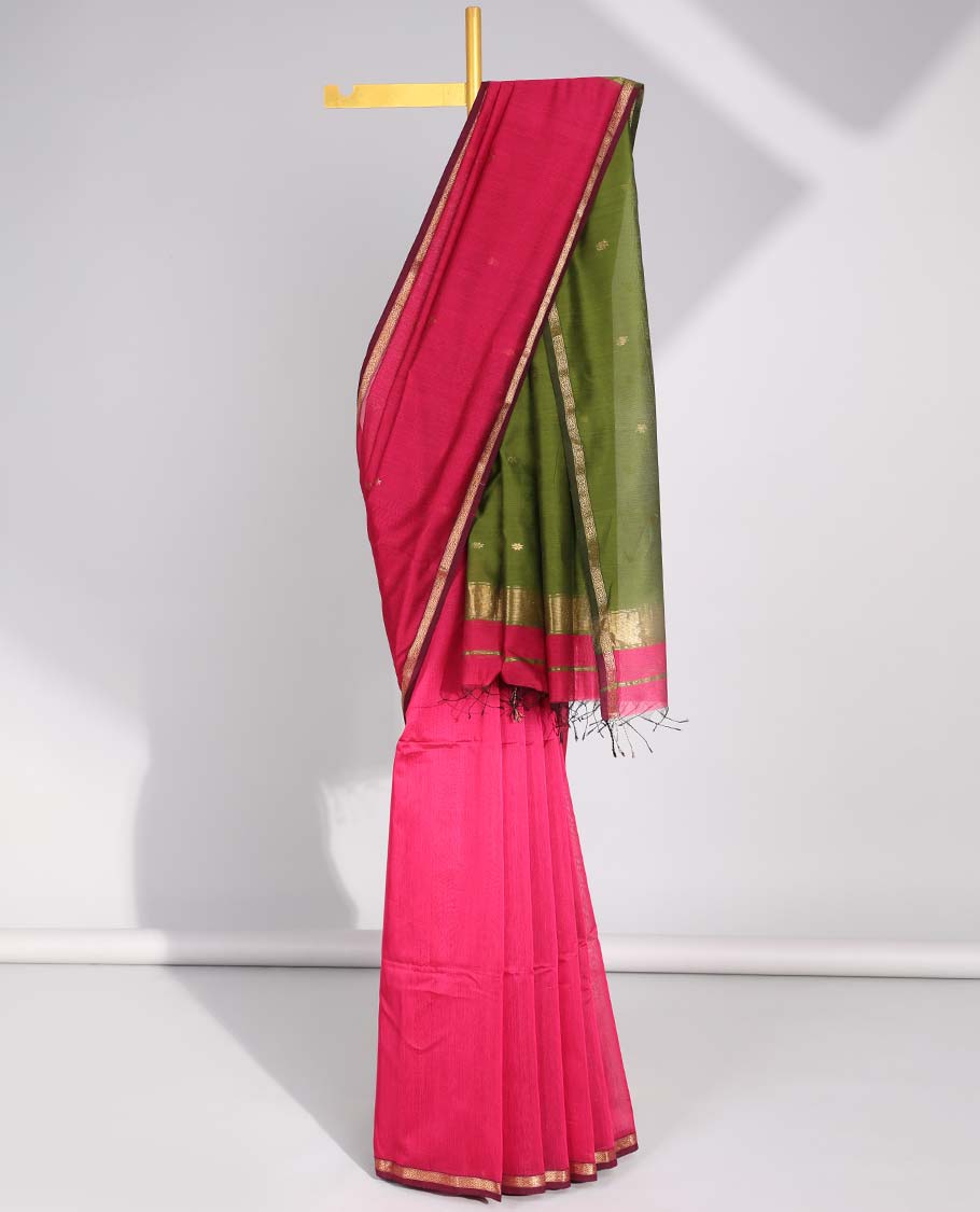 Red floral motifs maheswari cotton saree with contrast zari border & floral motifs pallu