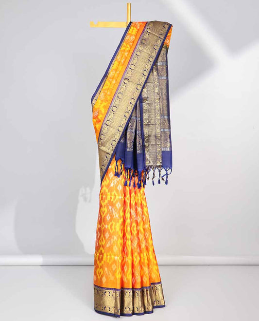 Orange ikkat style floral design soft silk saree with contrast zari border & intricate floral zari design pallu