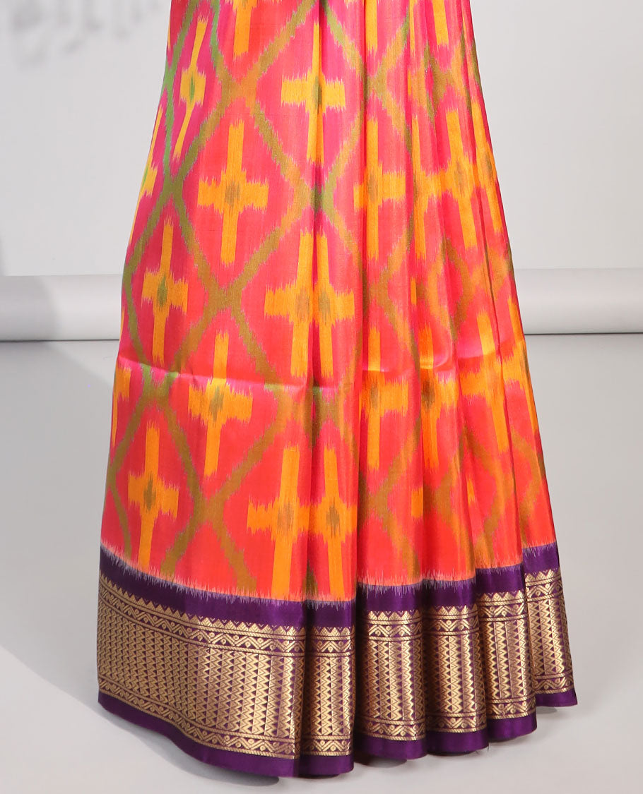 Red ikkat style geometric design soft silk saree with contrast zari border & zari ara maadam design pallu
