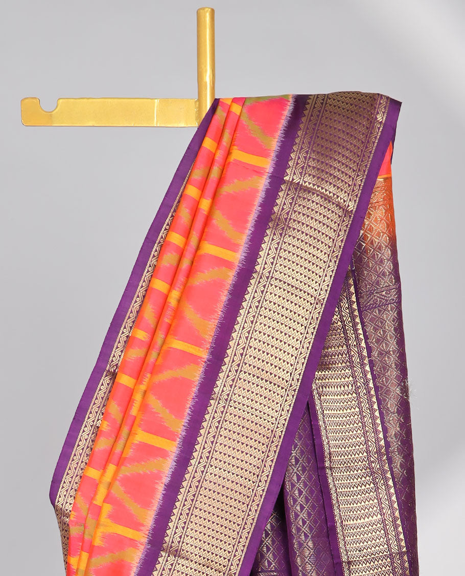 Red ikkat style geometric design soft silk saree with contrast zari border & zari ara maadam design pallu