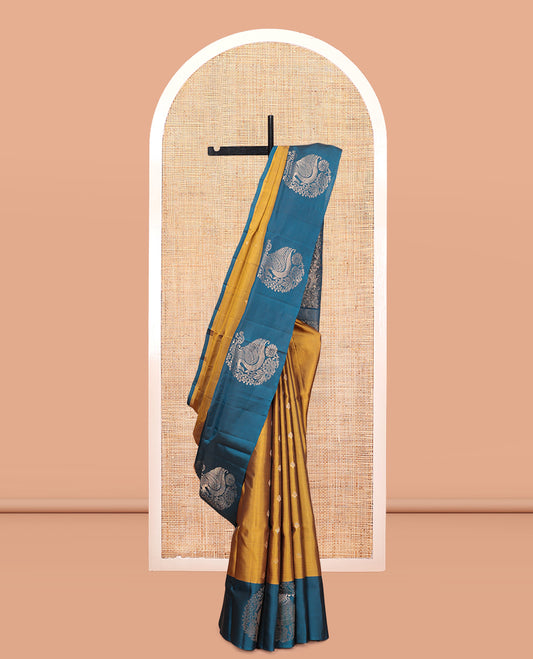Mustard Mayuri Lite Silk Mix Saree, Graced with Zari Buttas, Complemented By Contrast Peacock-Paisley Butta Border, a Floral Vine Pallu, and a Contrast Blouse