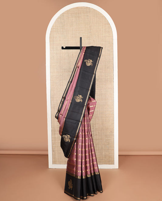 Mauve striped design mayuri soft silk saree with contrast zari design border & striped pallu