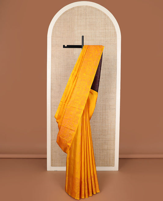 Yellow floral zari buttas soft silk saree, floral jaal border & contrast pallu of floral jaal designs