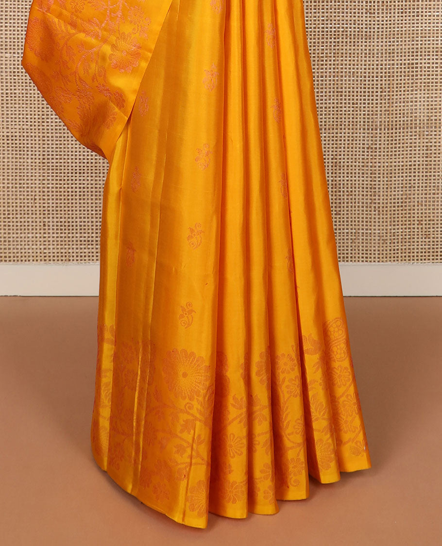 Yellow floral zari buttas soft silk saree, floral jaal border & contrast pallu of floral jaal designs